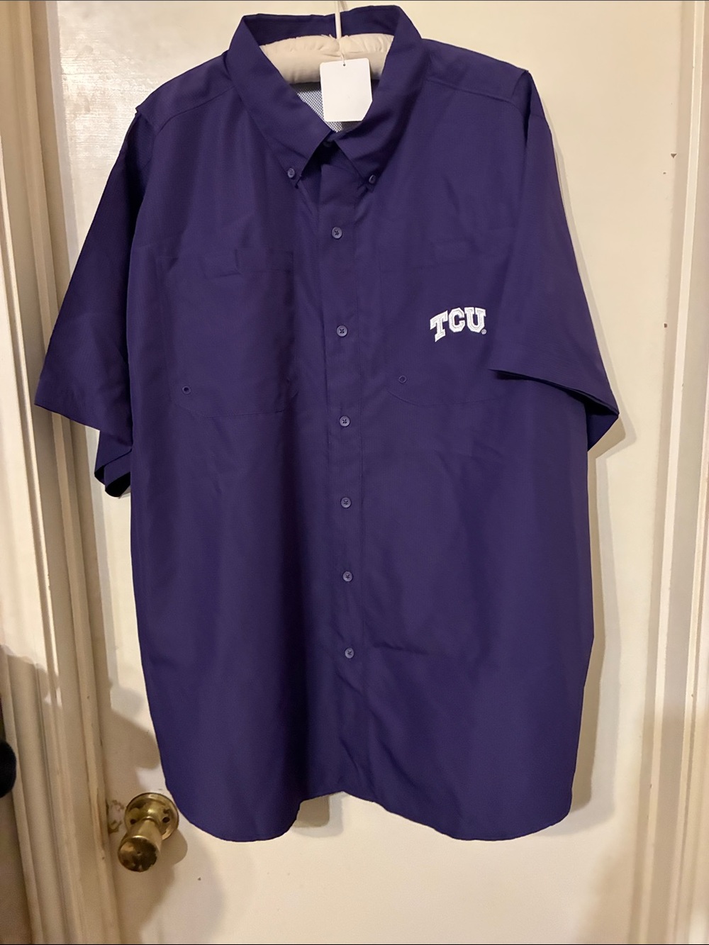 NWT ProEdge Button-Down Short Sleeve Fishing Shirt |Purple with TCU 2X